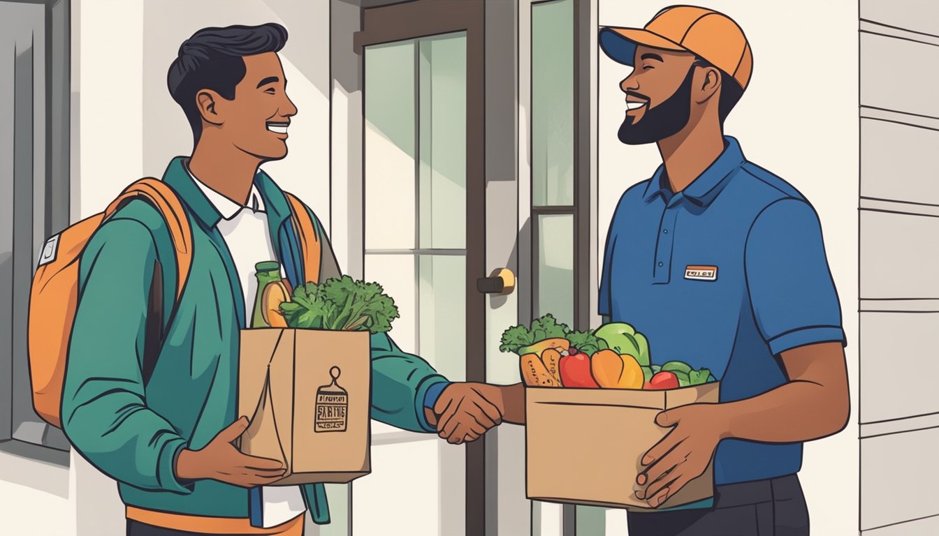 A delivery driver handing a bag of groceries to a customer at their front door