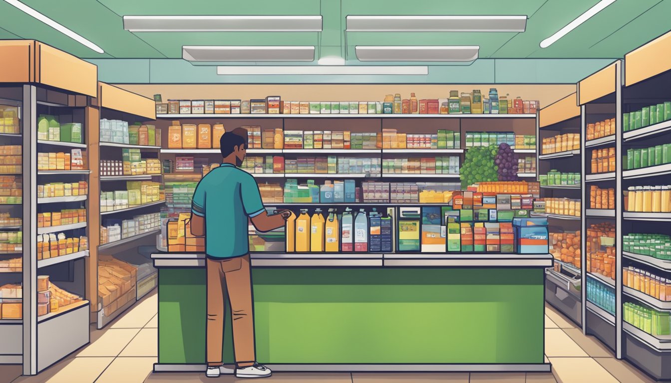 A busy grocery store checkout counter with a cashier processing an EBT card for a customer, surrounded by shelves of products