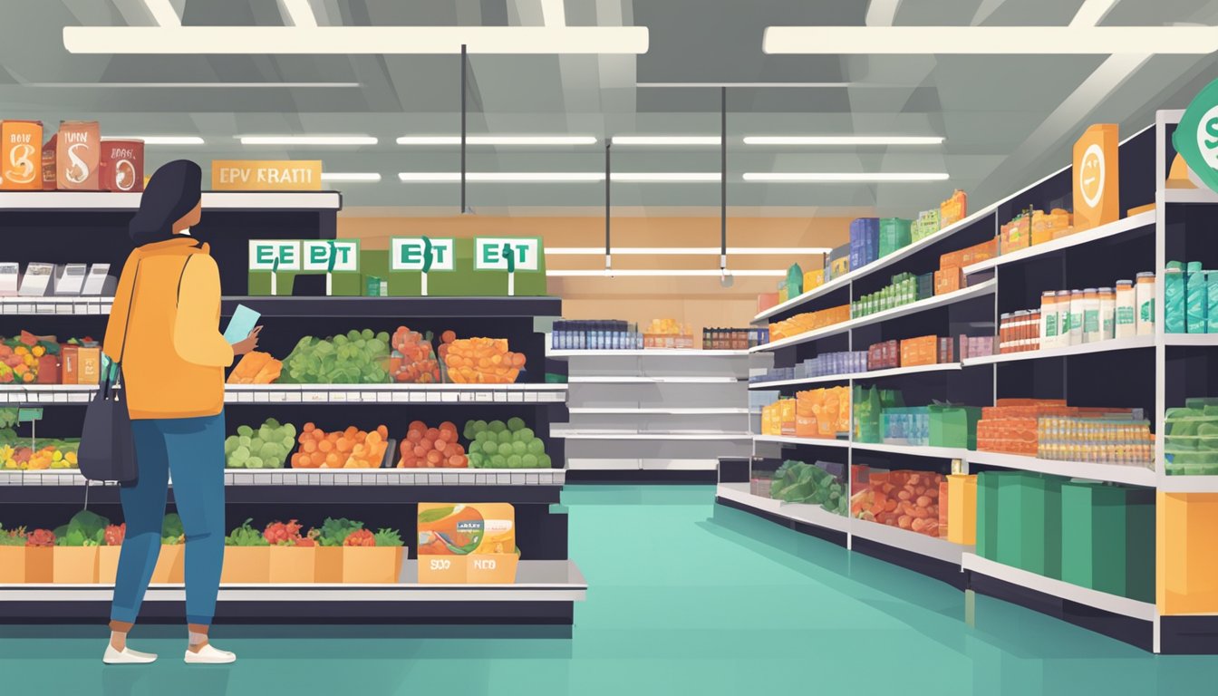 Empty grocery shelves with "EBT/SNAP" signs. Customers wait in line at checkout. Masks and social distancing in place