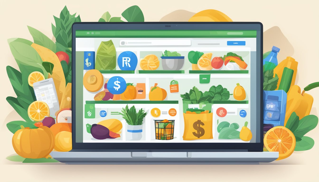 A laptop displaying the Ralphs website with a variety of groceries in a virtual shopping cart, surrounded by cashback symbols and money-saving icons