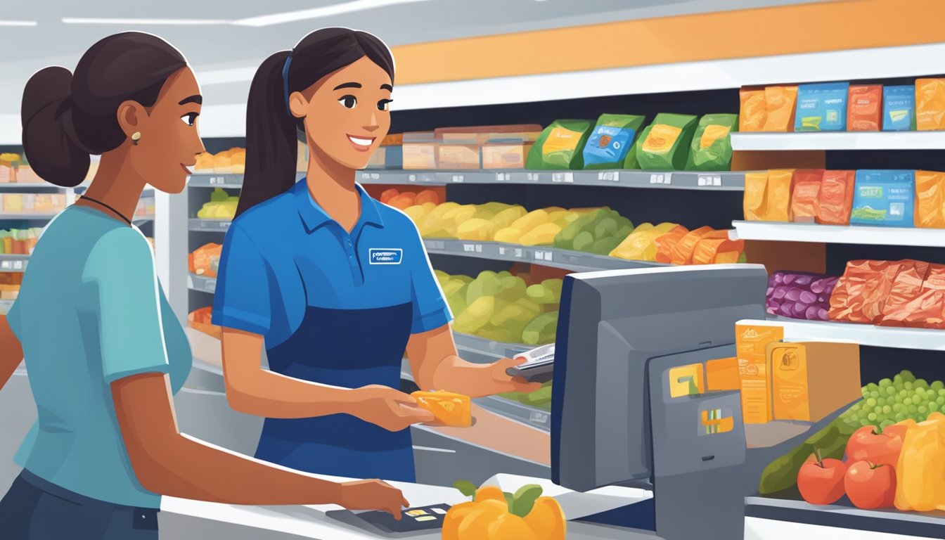 A Walmart cashier scanning groceries with an EBT card while a customer enters their PIN