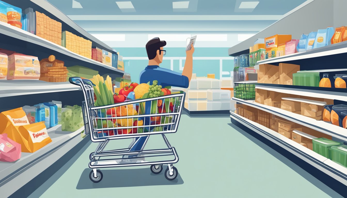 A shopping cart filled with various groceries and household items, a Meijer cashback card being scanned at the checkout, and the cashier applying multiple deals to maximize savings