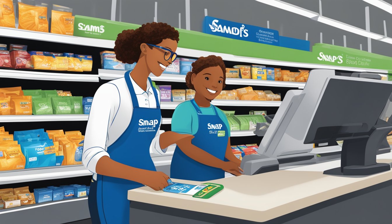 A cashier swipes an EBT card at a Sam's Club checkout, while a sign displays the acceptance of SNAP benefits