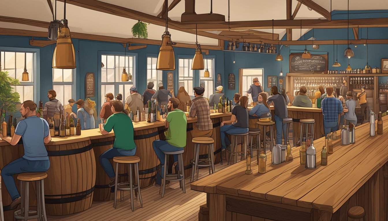 A bustling taproom with diverse beer taps, wooden barrels, and patrons enjoying craft brews in a lively atmosphere