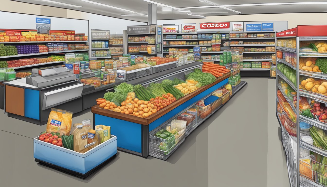 A Costco checkout counter with a variety of groceries and household items, some marked as eligible for EBT purchases and others as ineligible