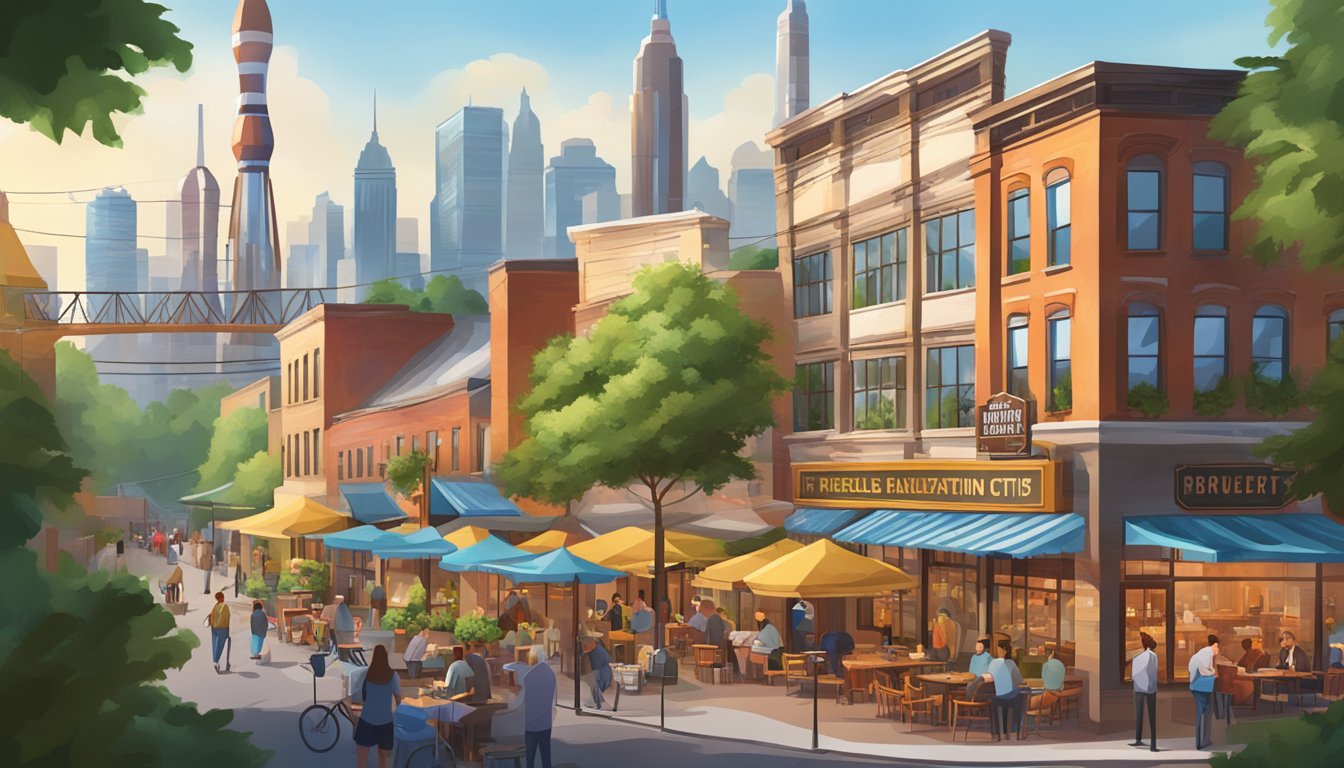 A bustling brewery district with colorful signage and outdoor seating, surrounded by lush greenery and the iconic Rocket City skyline