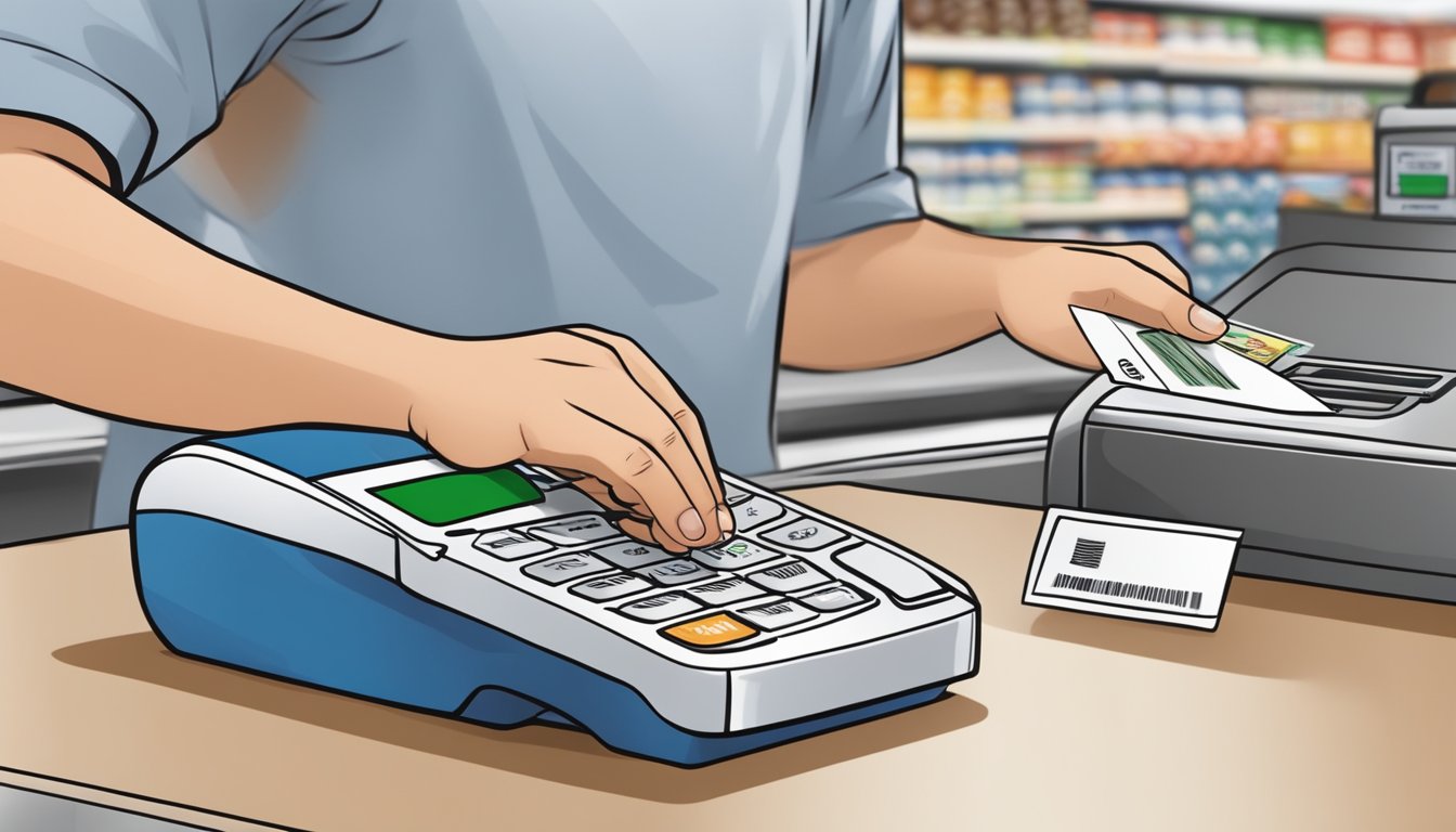 A person swiping an EBT card at a Costco food court register