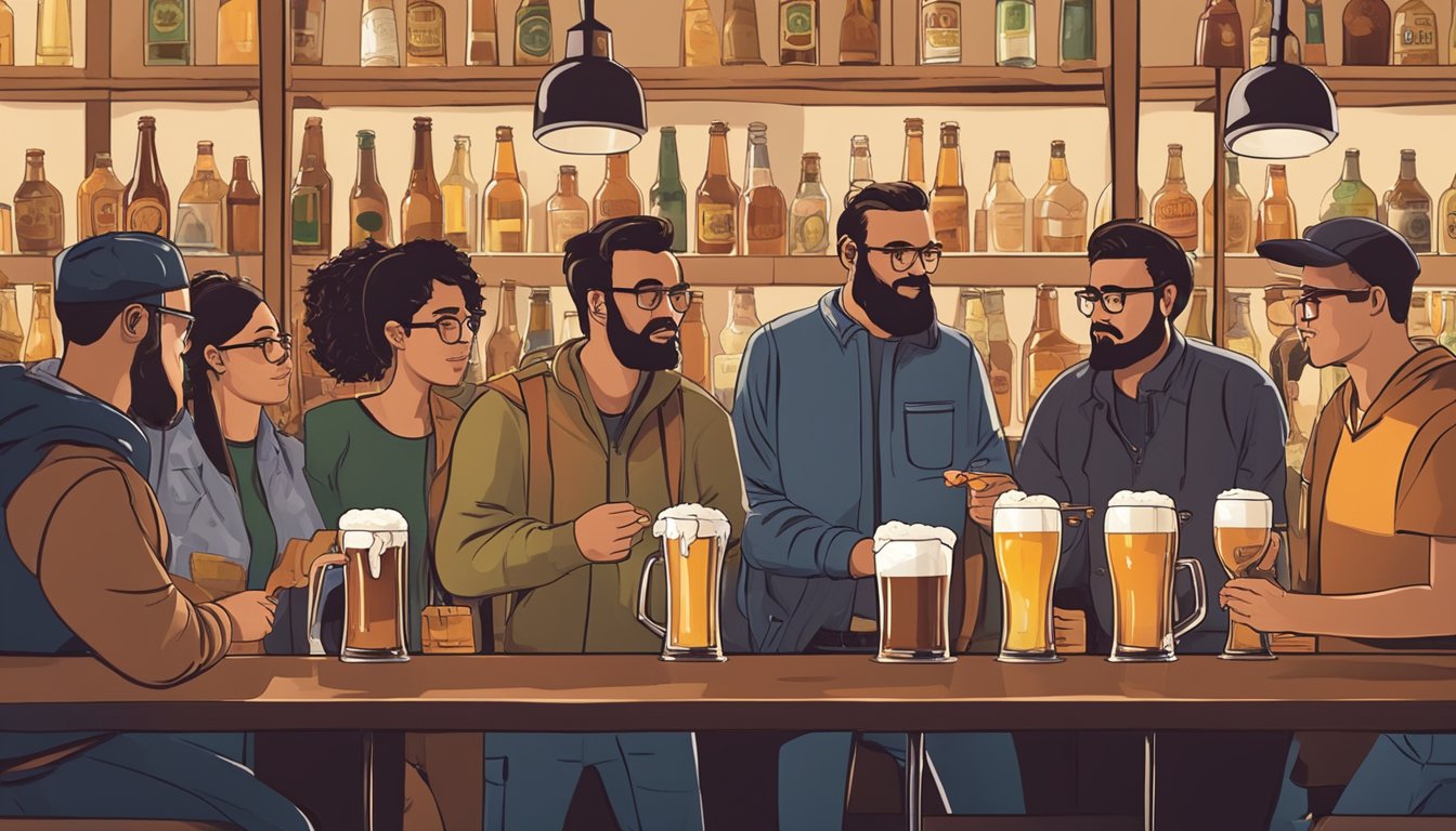 A group of people are gathered around a bar, sampling various craft beers. The bartender pours small samples into glasses as the visitors discuss and compare the different flavors and aromas