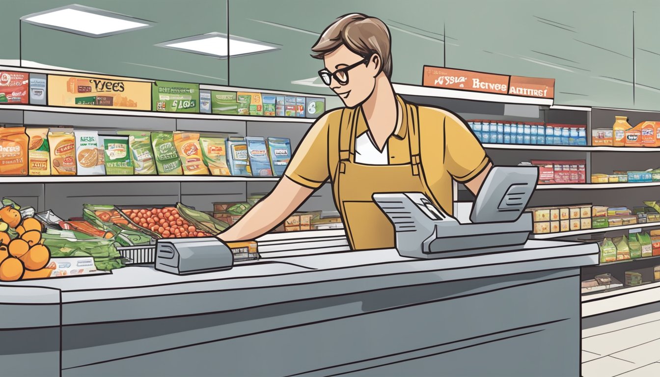 A person at a checkout counter using coupons and discounts to save money on groceries at a Hy-Vee store