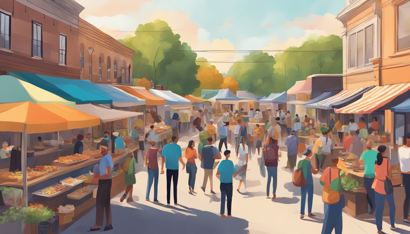 A bustling street lined with colorful food trucks and a variety of local craft beer vendors, with people mingling and enjoying the culinary experience