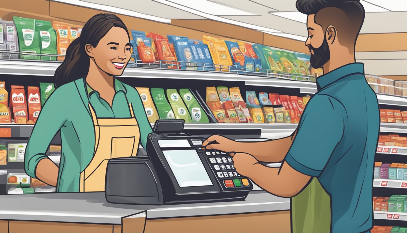 A customer swiping their card at the Hy-Vee checkout while the cashier scans items and offers cashback options