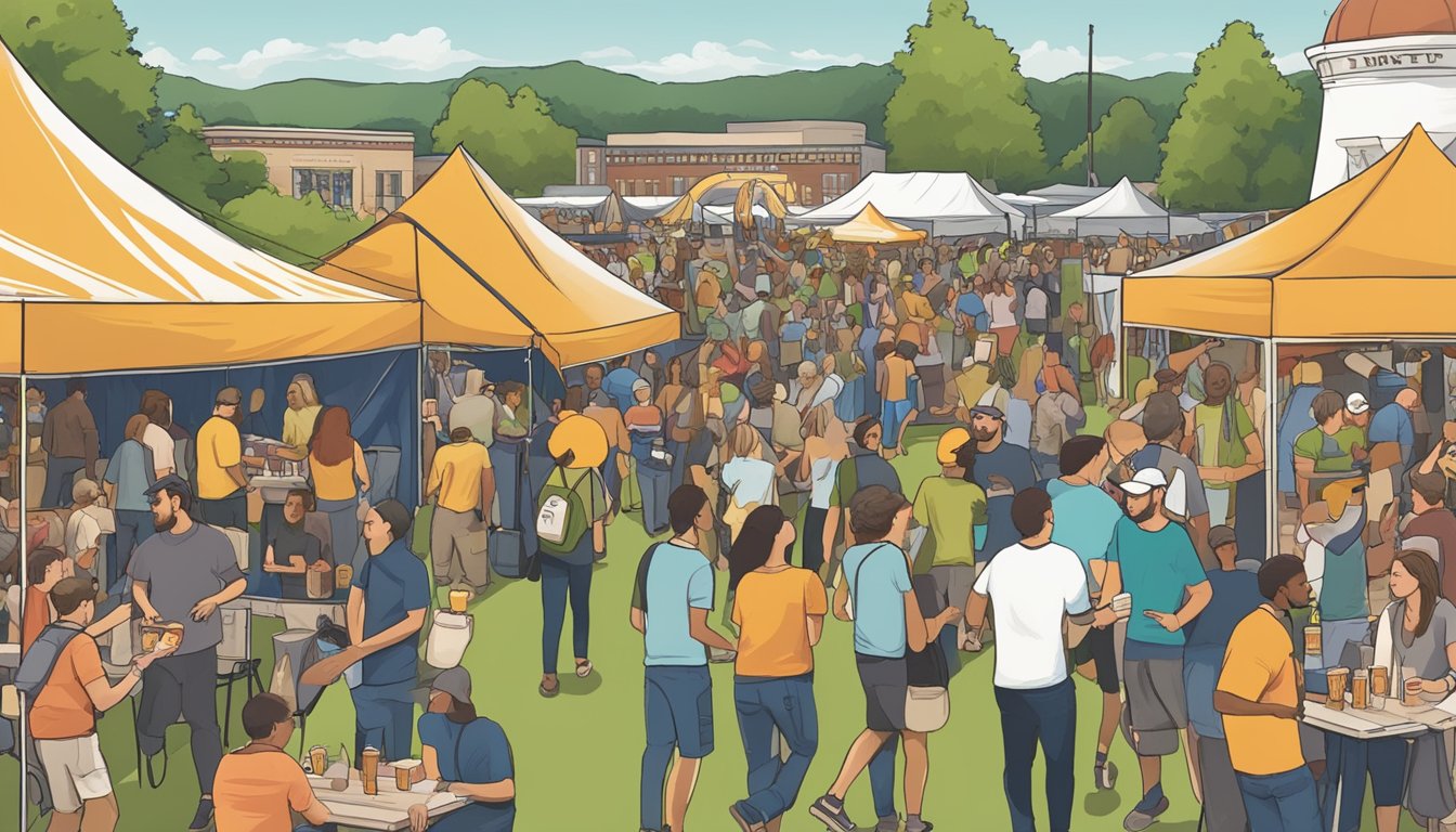 A bustling craft beer festival in Huntsville, AL with vendors, live music, and enthusiastic patrons