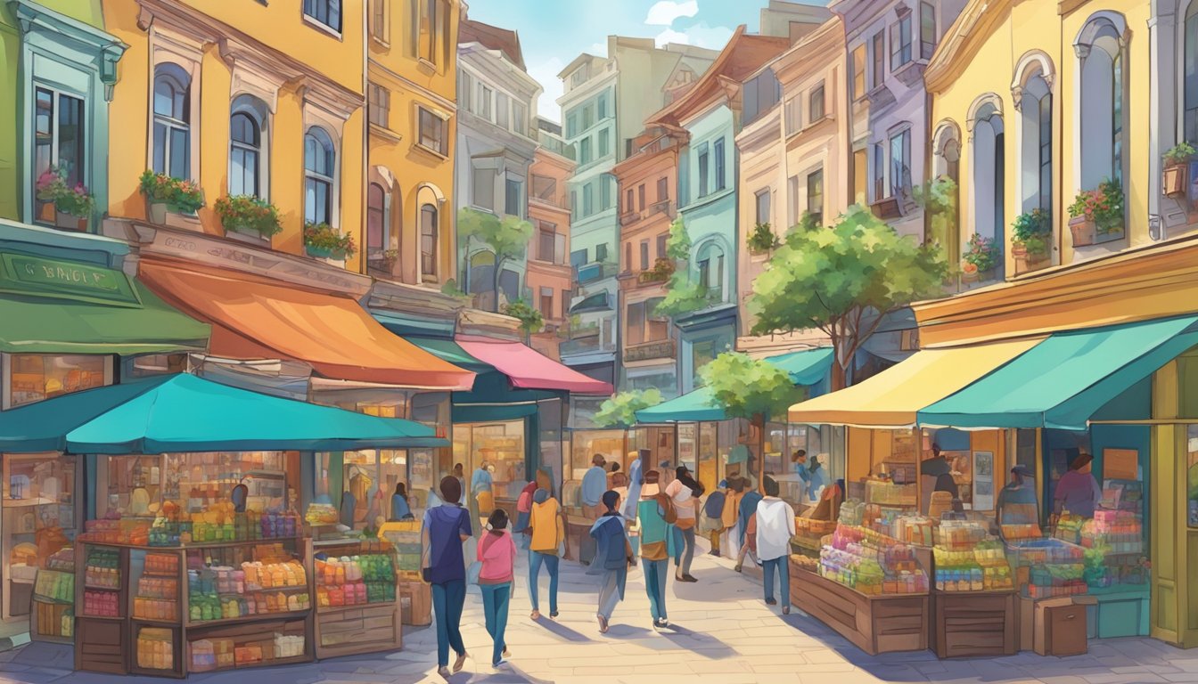 A bustling street lined with colorful beverage shops and souvenir stores, with people browsing and chatting outside