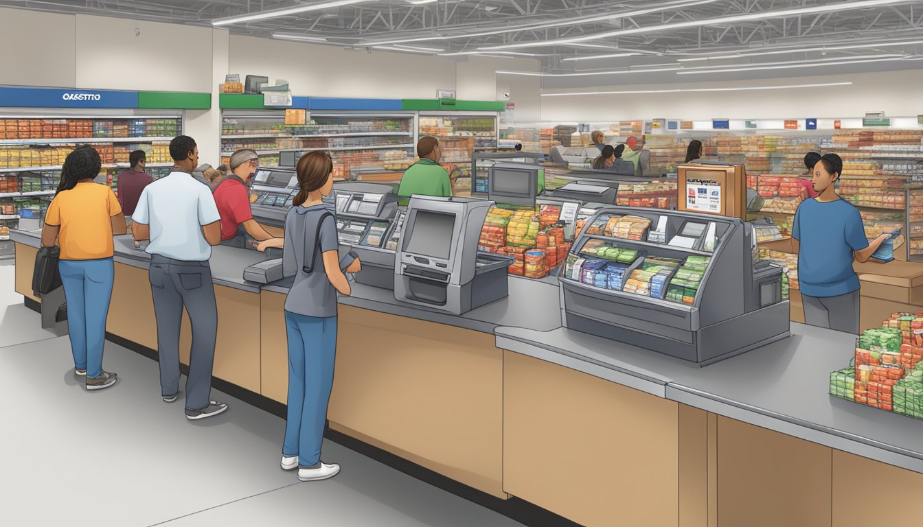 A bustling Costco checkout counter with EBT/SNAP card reader and diverse customers