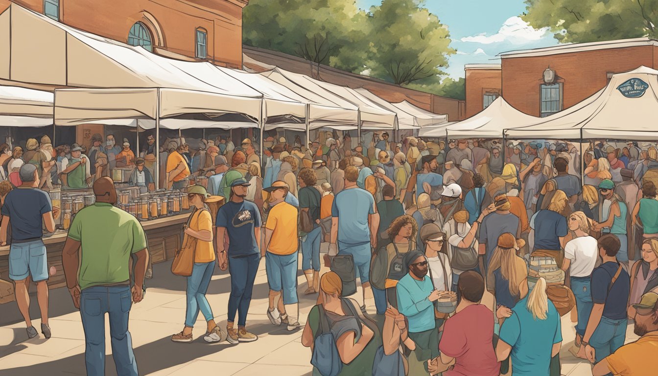 A bustling craft beer festival in Tuscaloosa, with a variety of local breweries showcasing their unique and flavorful creations. The air is filled with the sounds of clinking glasses and lively conversations as beer enthusiasts gather to celebrate the rise of the city's craft beer scene