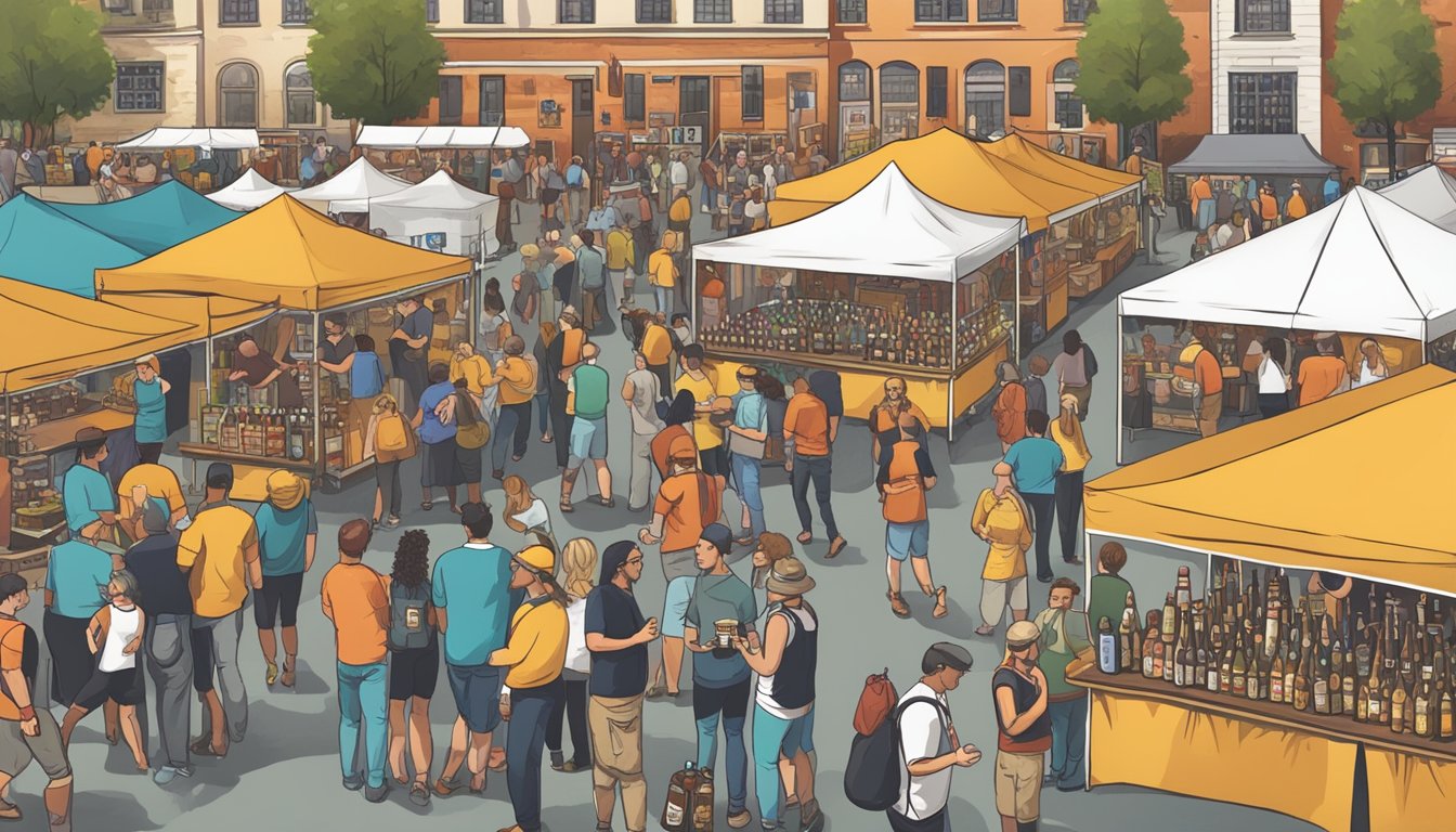 A bustling craft beer festival with vendors, live music, and beer enthusiasts sampling various brews