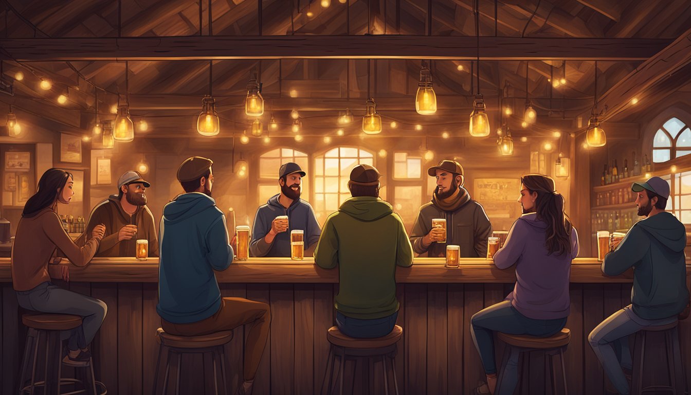 A group of people gather around a rustic wooden bar, sipping on various glasses of craft beer. The warm glow of string lights illuminates the cozy atmosphere of the brewery