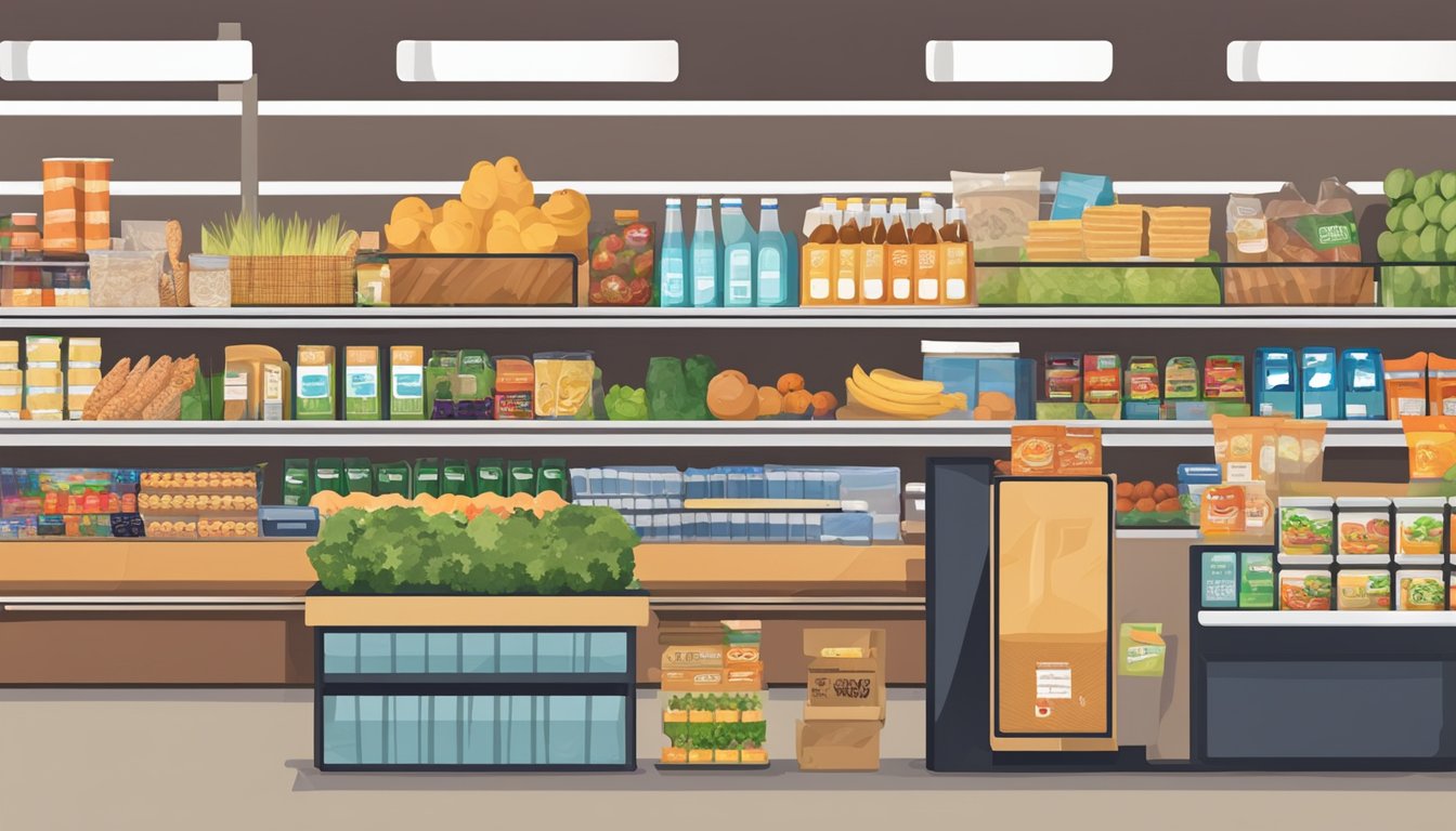 A grocery store checkout counter with a variety of food items, including those not eligible for purchase with EBT or SNAP benefits, and their alternative options displayed nearby