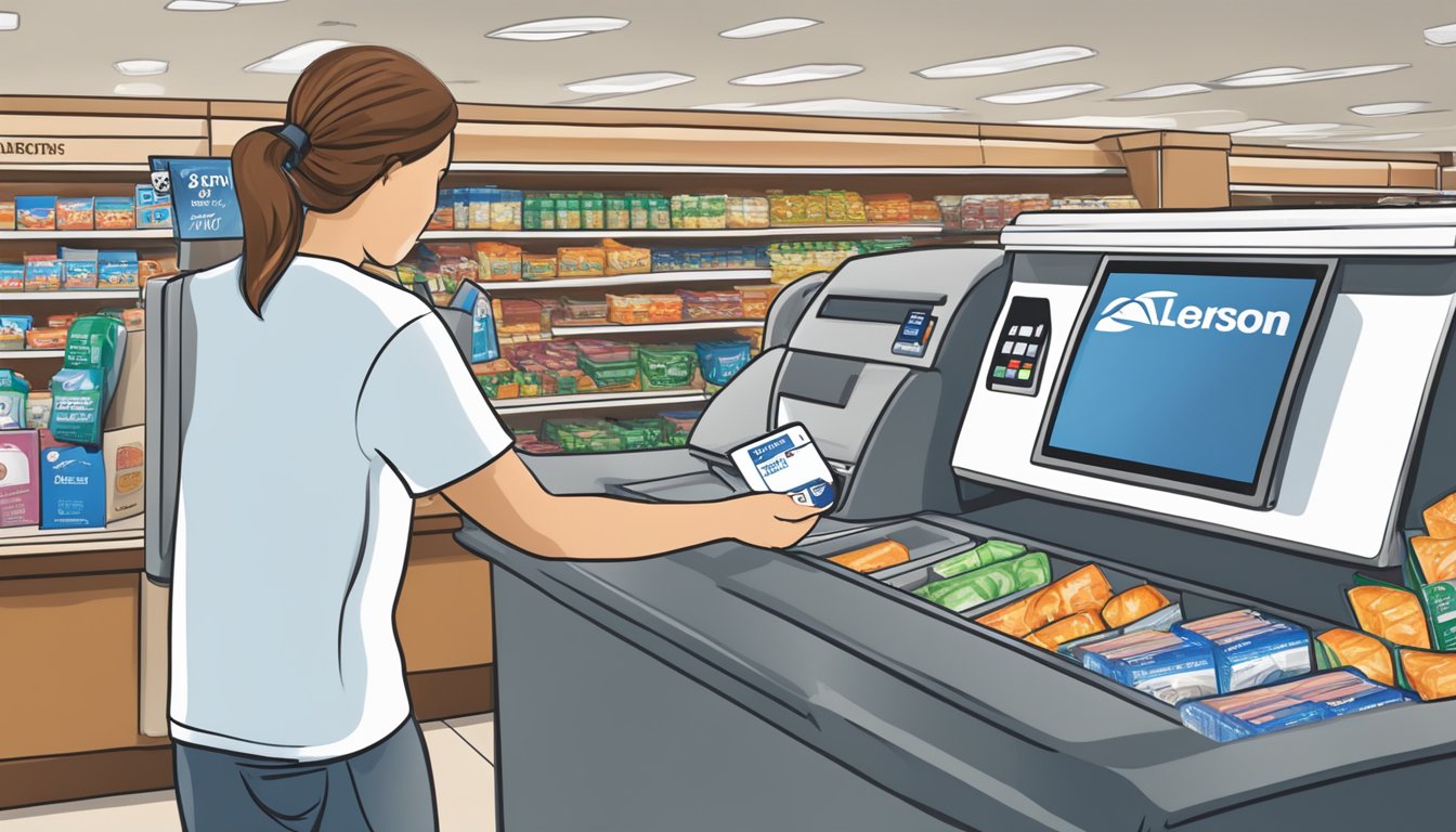 A person swiping an EBT card at an Albertsons checkout counter