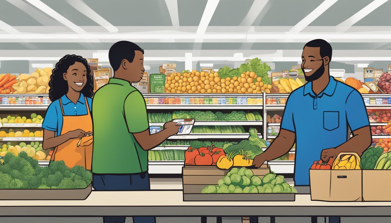 A diverse group of families select fresh produce and groceries, while a Meijer employee assists a customer using an EBT card at the checkout