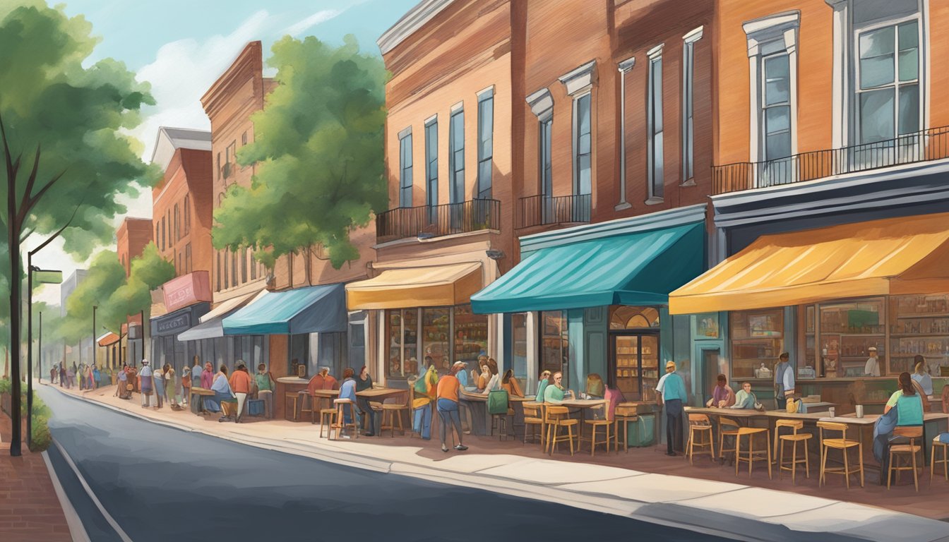 A bustling street lined with colorful storefronts, outdoor seating, and chalkboard signs advertising local craft beer options in Tuscaloosa, AL