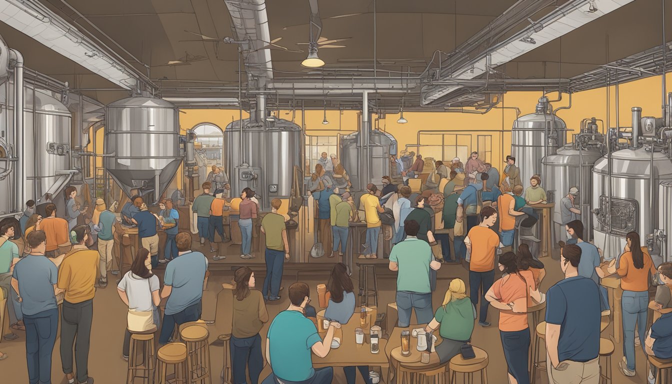 A crowded local brewery in Tuscaloosa, AL, with patrons enjoying high-gravity craft beer