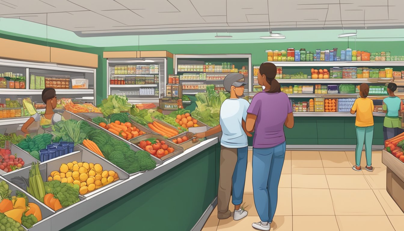 A bustling grocery store checkout counter with a variety of fresh produce, canned goods, and household items. A cashier swipes an EBT card at the register