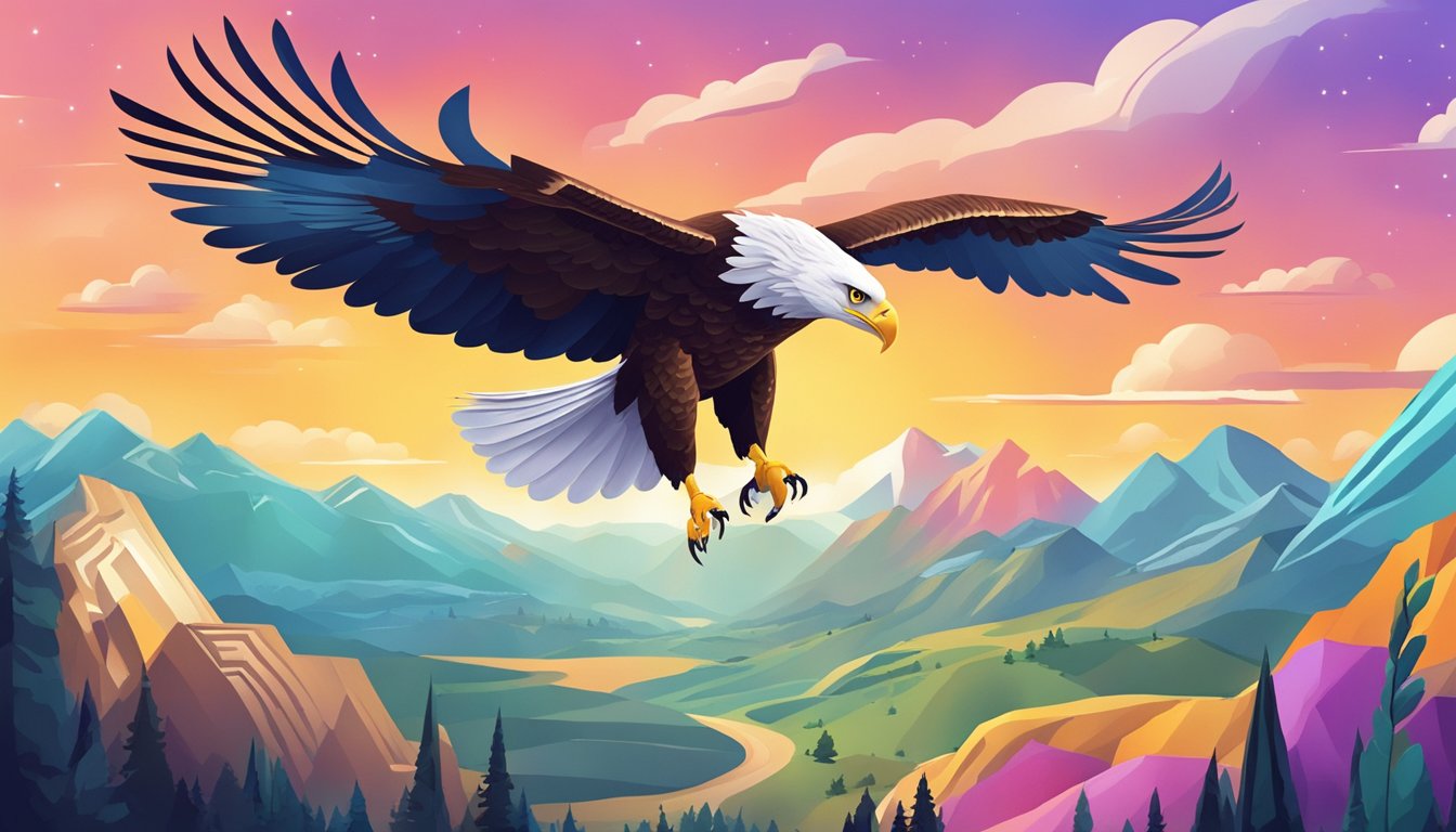 A colorful illustration of a giant eagle soaring above a landscape, with various rewards and cashback symbols floating around it