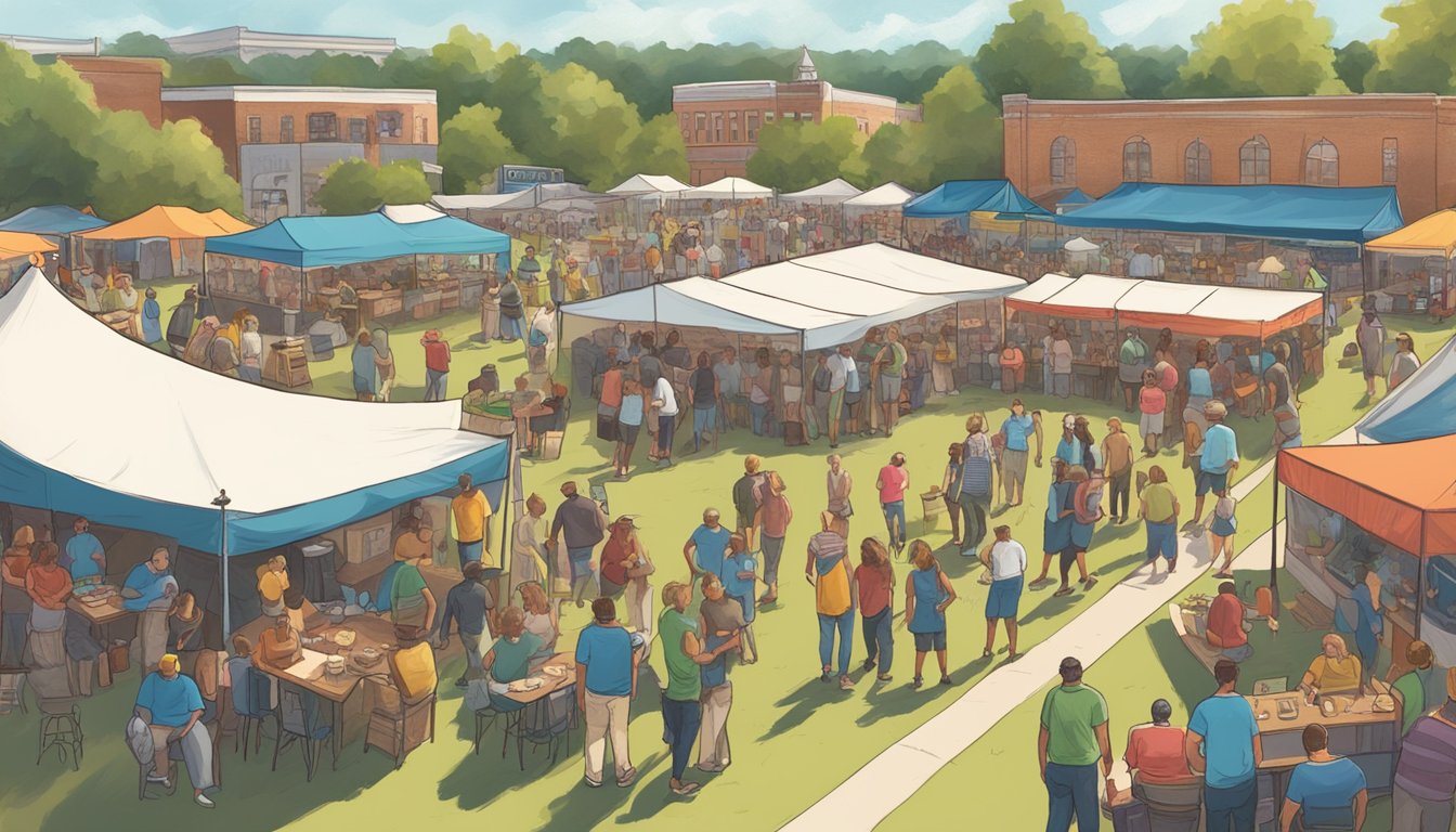 A bustling local craft beer festival in Tuscaloosa, Alabama, with vibrant tents, live music, and people enjoying the community and culture