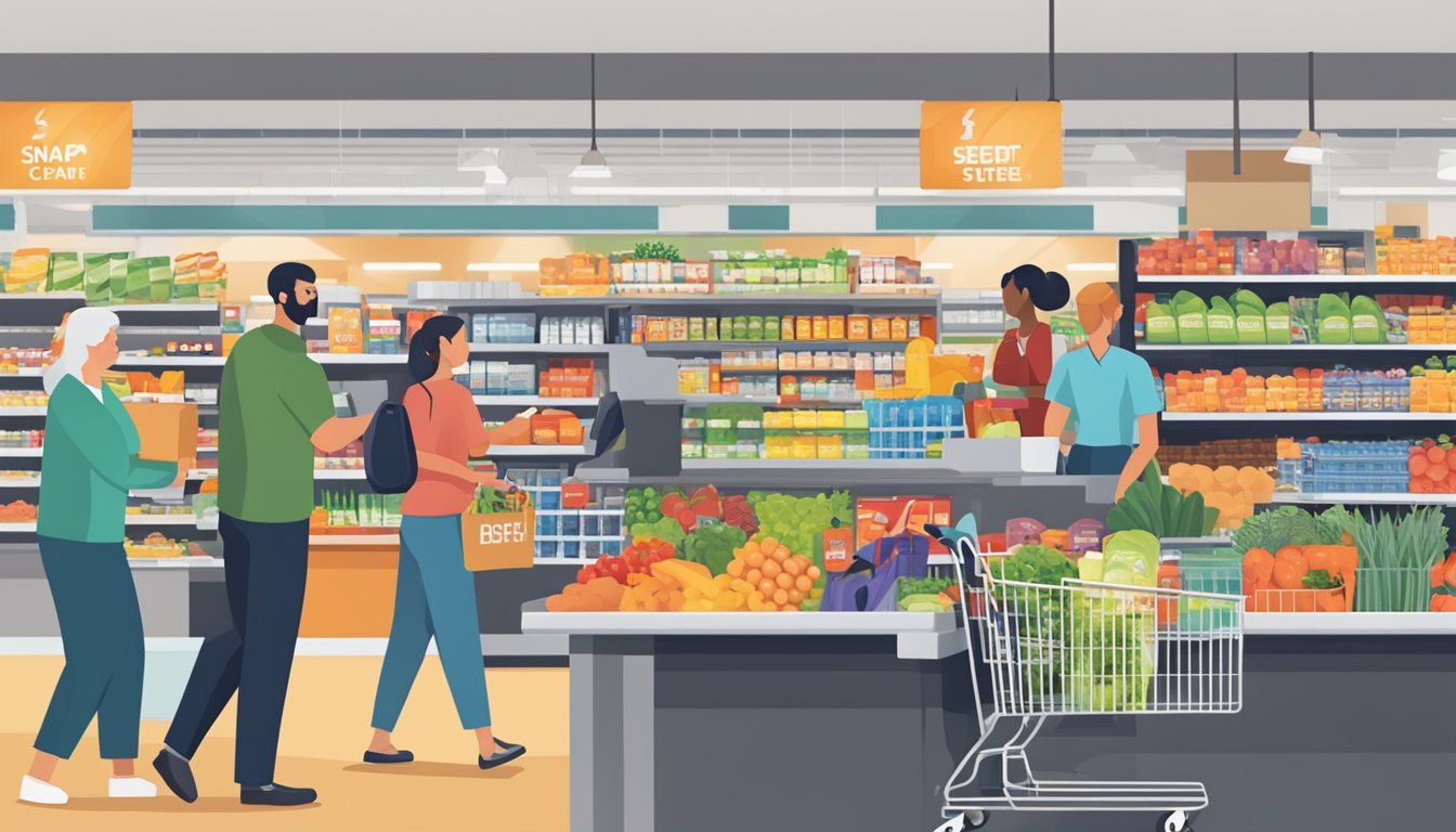 A bustling grocery store with a prominent EBT/SNAP sign at the checkout counter. Customers with shopping carts and a helpful staff member assisting someone with their purchase