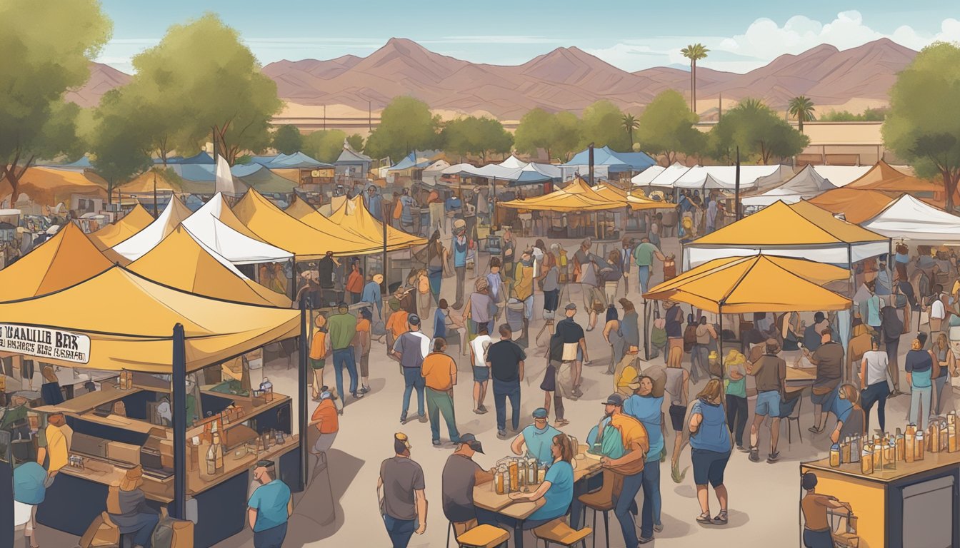 A bustling craft beer festival in Chandler, AZ, with a variety of local breweries showcasing their unique and flavorful brews amidst a backdrop of live music and food vendors