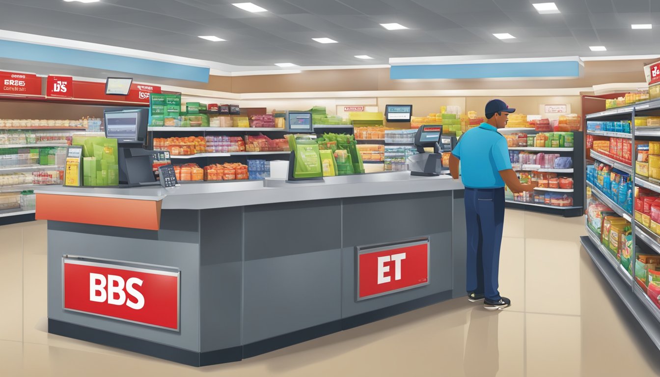 A cashier at BJ's Wholesale Club accepts non-EBT payment methods and offers additional services at the checkout counter