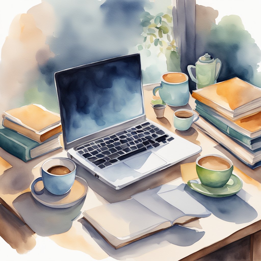 A laptop surrounded by books and a cup of coffee on a desk. A person typing on the keyboard with a focused expression