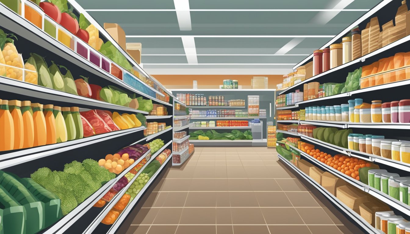 A busy grocery store aisle with a variety of products on display, including fresh produce, canned goods, and household items