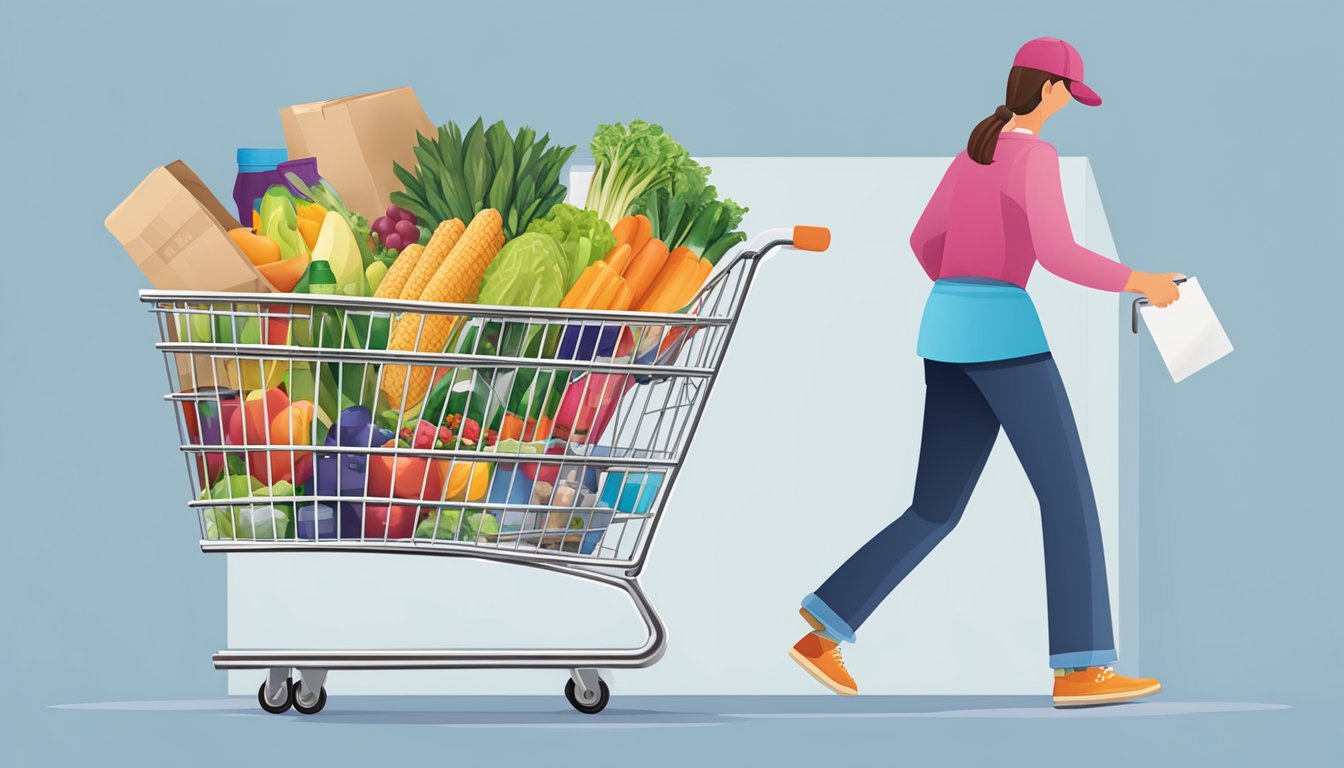 A family shopping cart filled with groceries and household items, with the BJ's Wholesale Club logo prominently displayed