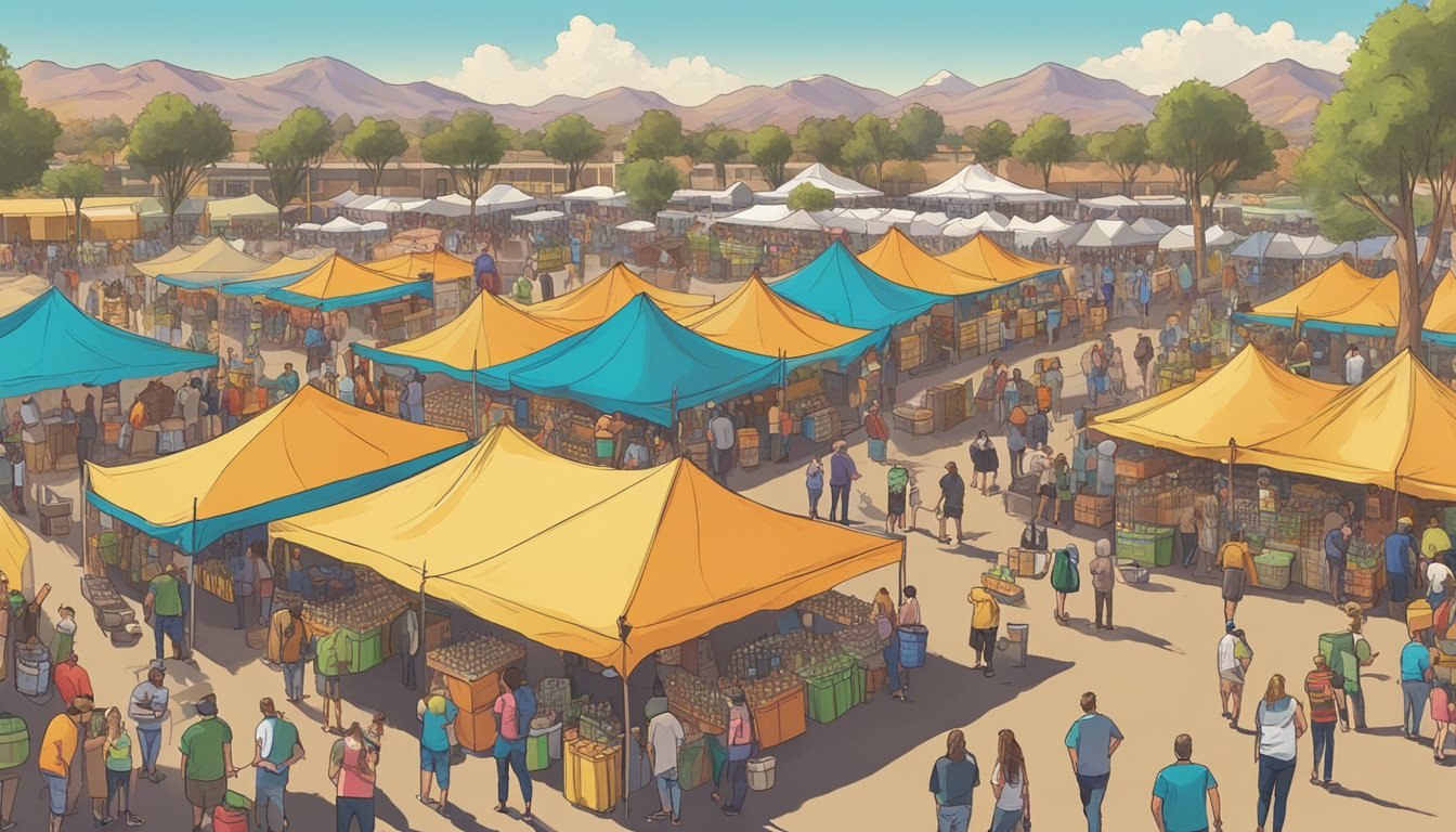 A bustling craft beer festival in Chandler, AZ, with rows of colorful tents and people sampling various beer varieties and styles