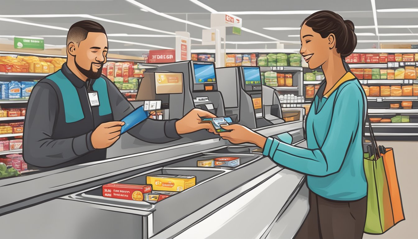 A shopper swiping their EBT/SNAP card at the checkout counter of a BJ's Wholesale Club