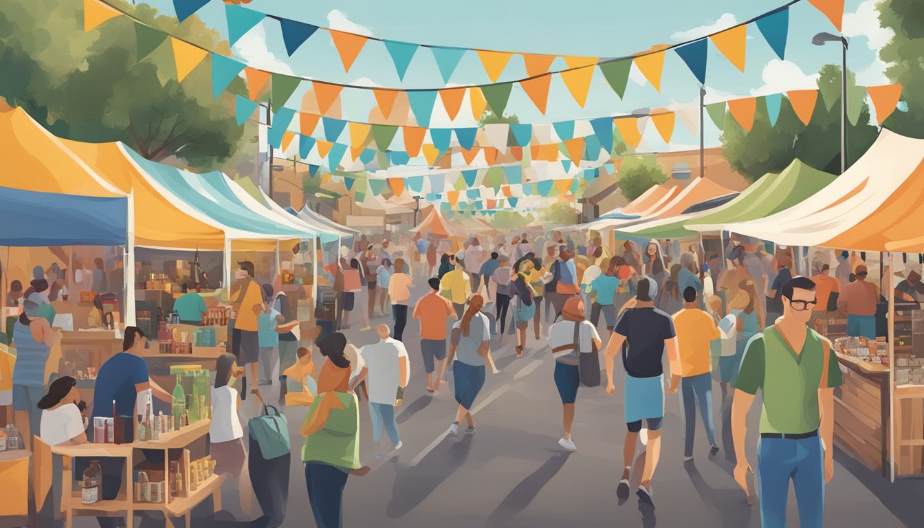 A bustling street festival with colorful tents and banners, showcasing a variety of local craft beer vendors in Chandler, AZ