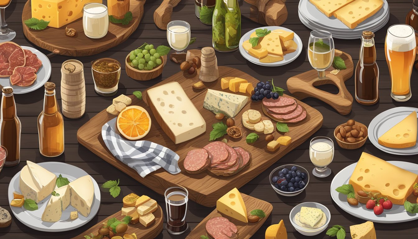 A rustic wooden table with a variety of craft beer bottles and glasses, surrounded by plates of artisan cheeses, charcuterie, and fresh fruits