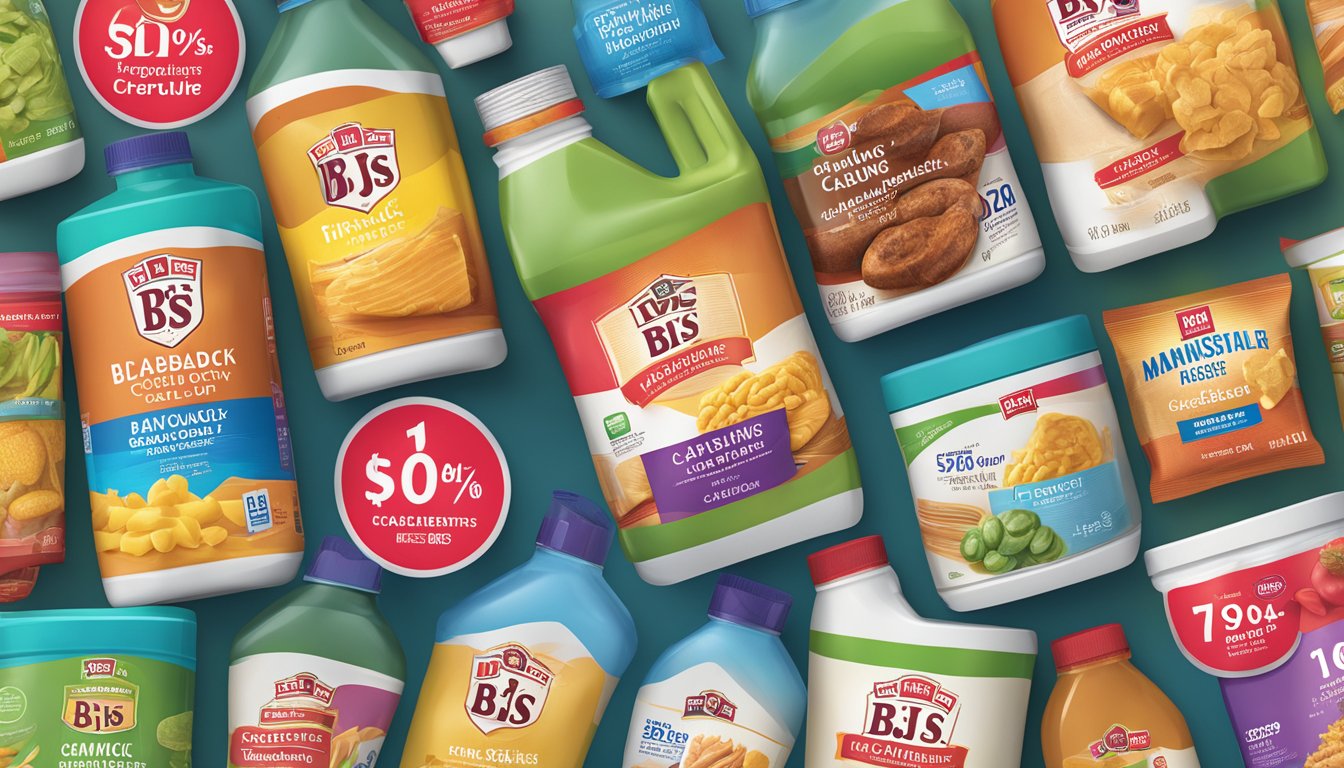 A colorful display of BJ's Wholesale Club products with cashback symbols, showcasing the benefits of maximizing savings for members