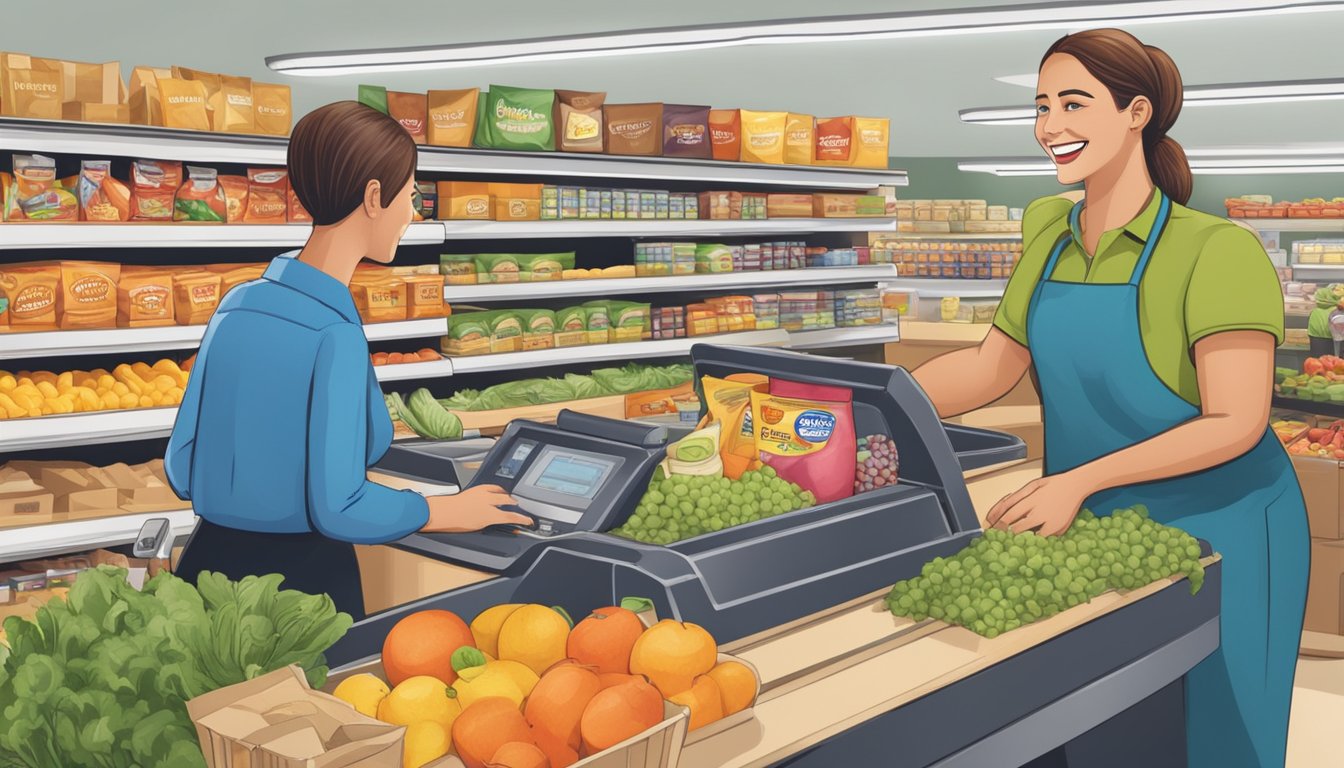 A customer at Wegmans checkout, receiving cashback and rewards, with a happy cashier and a line of groceries on the conveyor belt