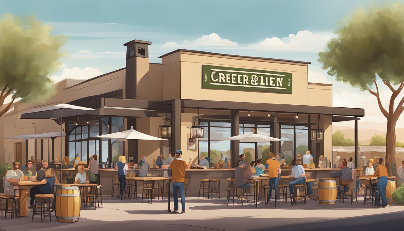 A bustling craft brewery scene in Chandler, AZ, with diverse beer styles, unique taproom designs, and lively outdoor seating areas