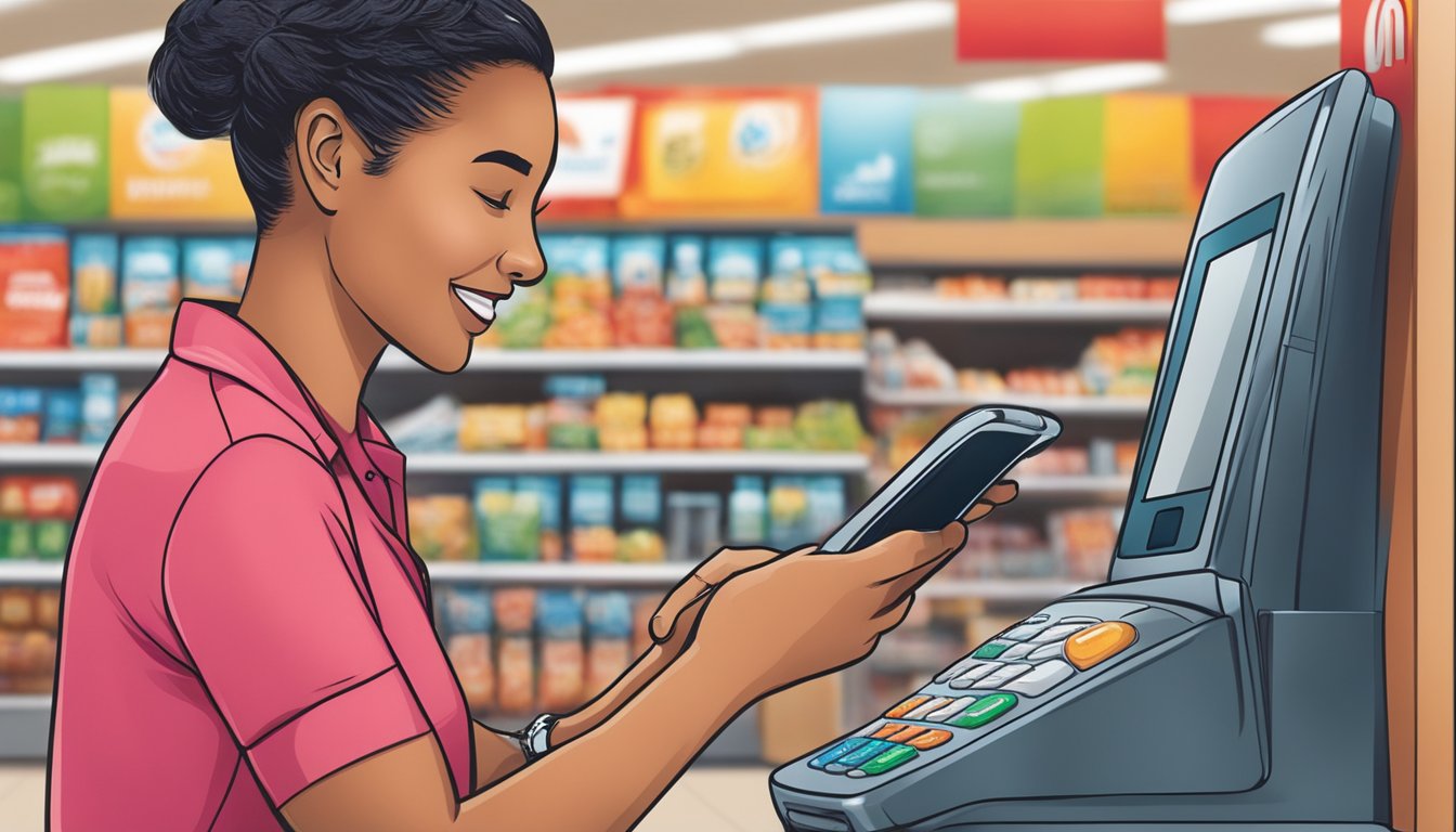 A customer tapping their phone on a payment terminal at a Winn Dixie checkout