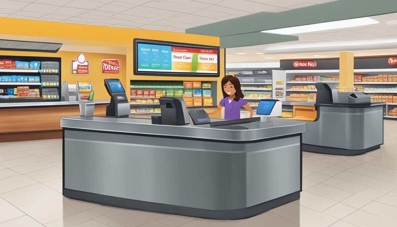 A customer holds an iPhone near a payment terminal at a Winn-Dixie checkout counter