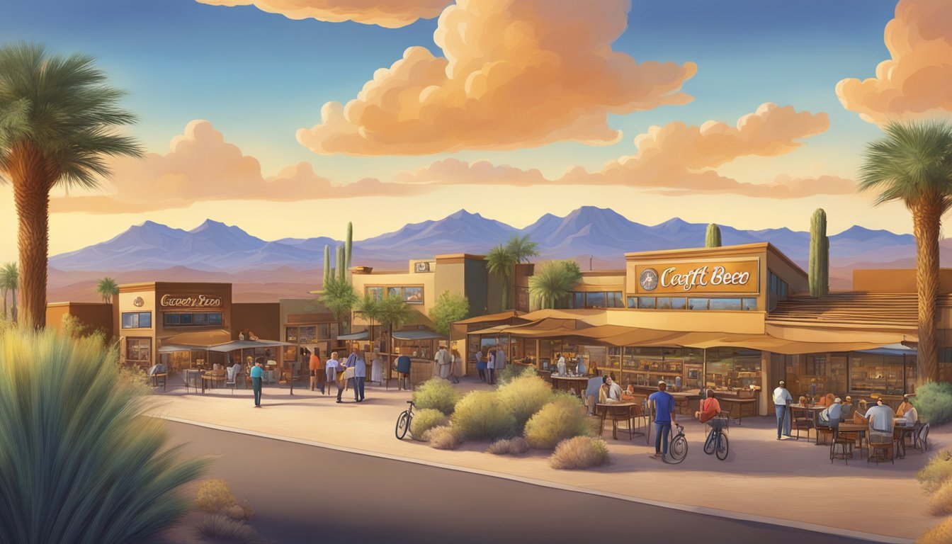 A vibrant outdoor scene with a variety of craft beer breweries nestled among the desert landscape of Goodyear, Arizona