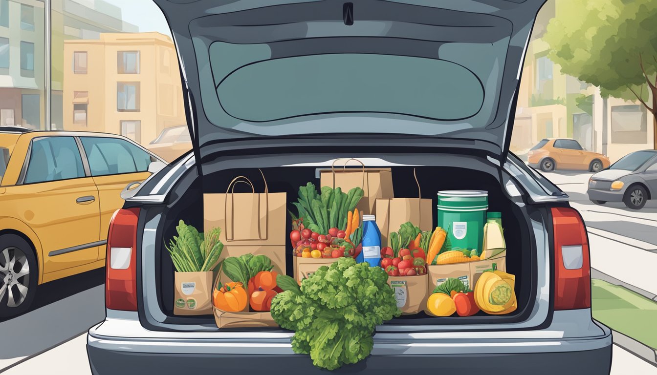 A grocery bag filled with fresh produce, canned goods, and household items sits on a curb next to a car with the trunk open