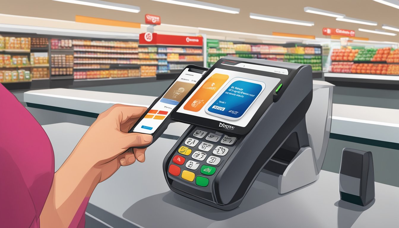 A person taps their phone on the payment terminal at a Winn Dixie grocery store, completing their purchase using Apple Pay