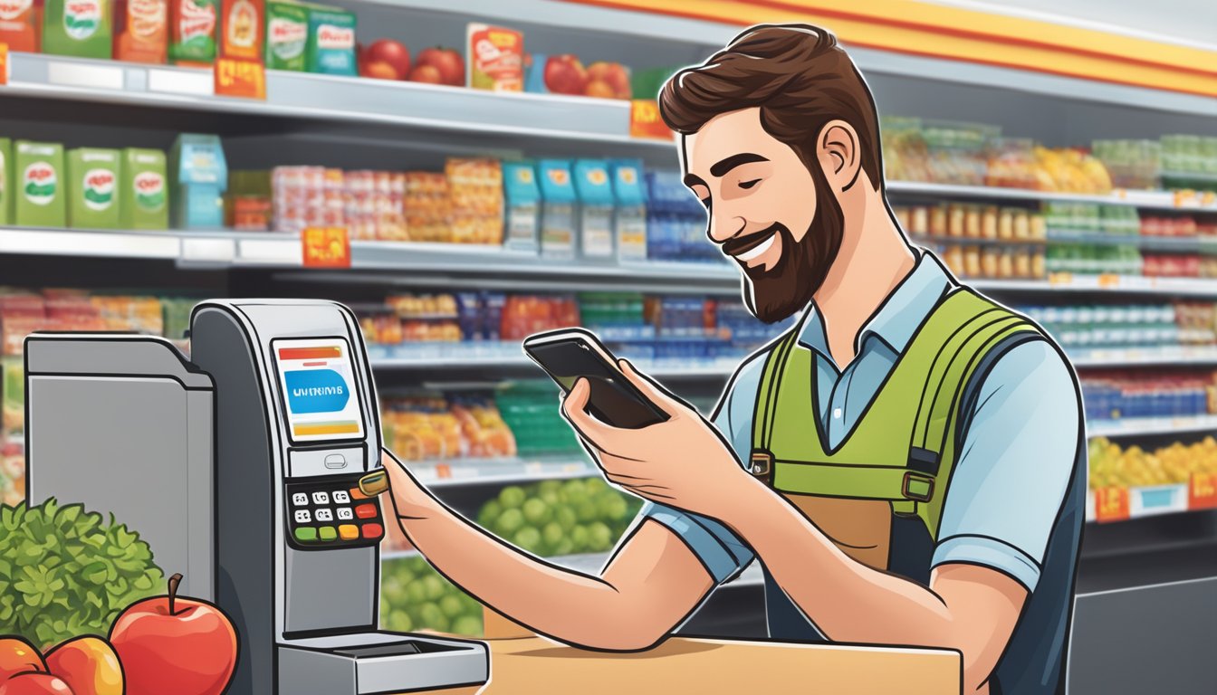 A customer uses Apple Pay at a Winn Dixie checkout, tapping their phone to the contactless payment terminal