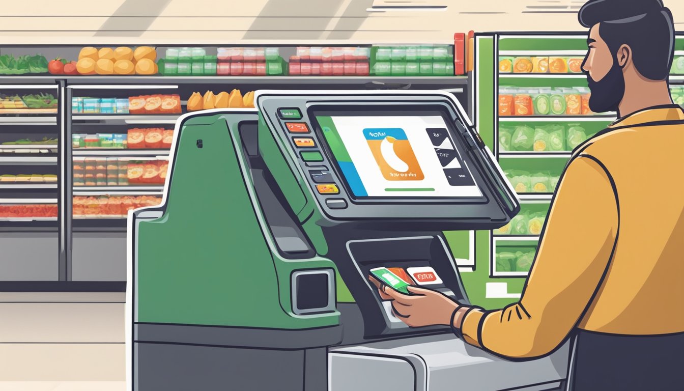 A customer uses Apple Pay at a self-checkout in a modern grocery store