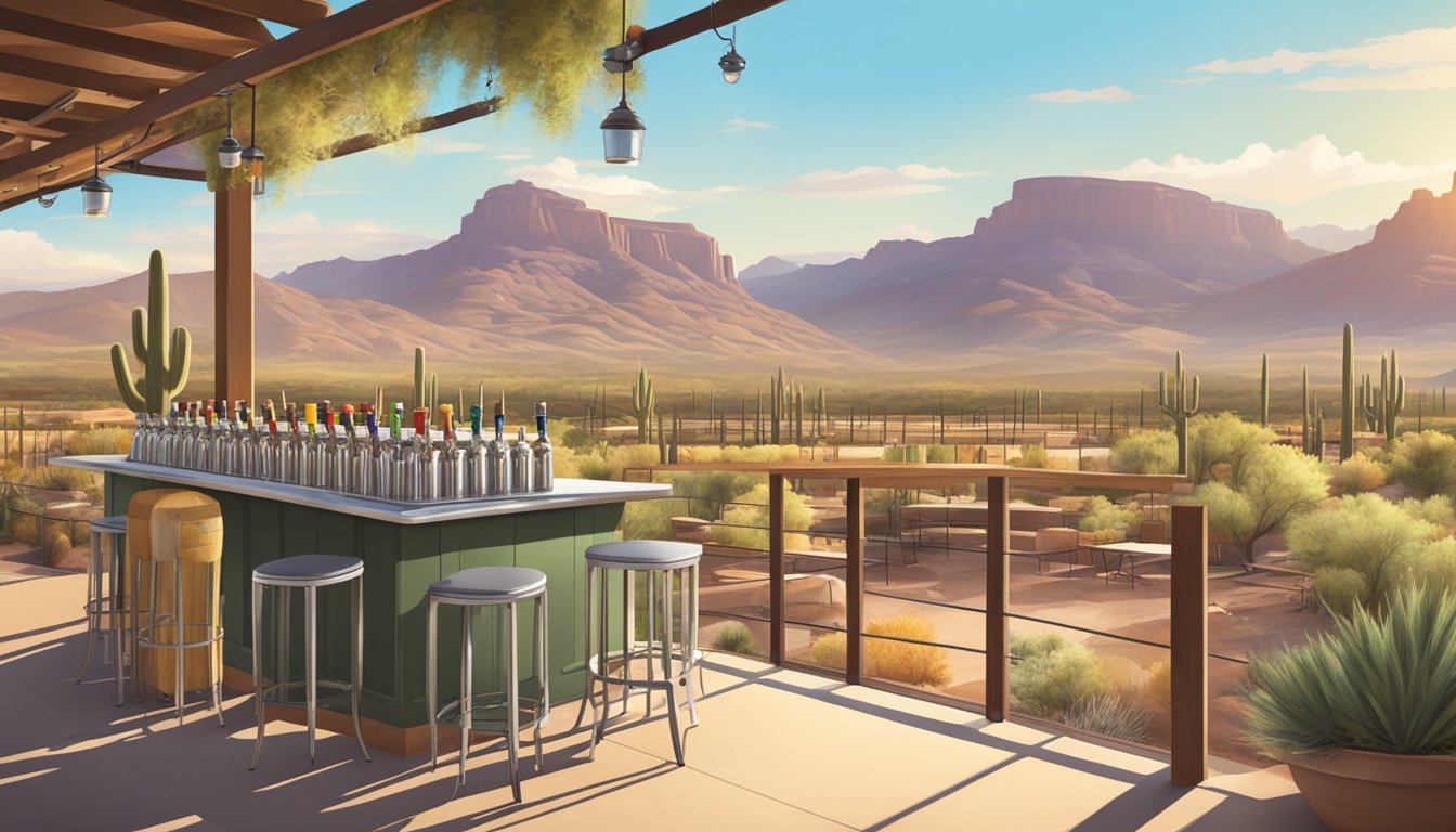 A sunny outdoor beer garden with a variety of craft beer taps and a backdrop of the Arizona desert landscape